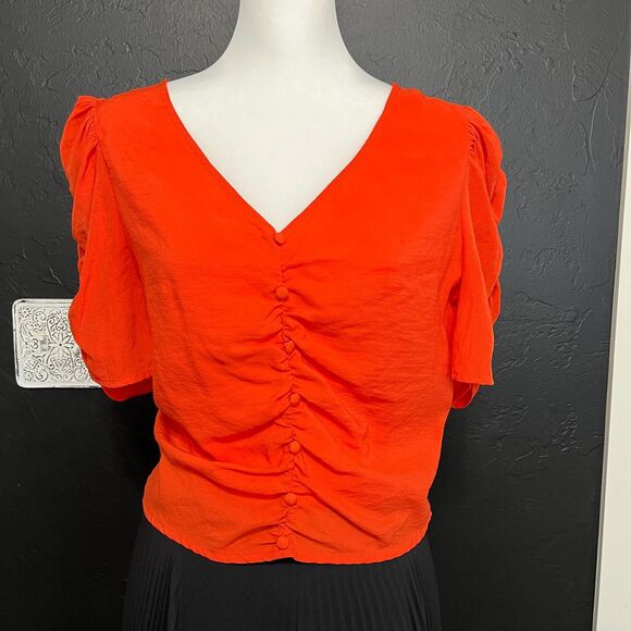 Lush Orange Button Front Ruched Blouse - Size Medium - Picture 8 of 12